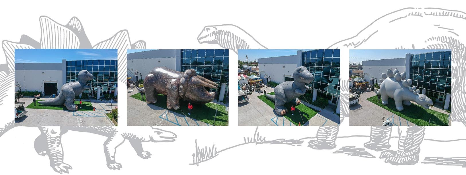 Collage of giant custom inflatable dinosaur replicas featuring a T-Rex, Triceratops, and Stegosaurus for museums and exhibits.