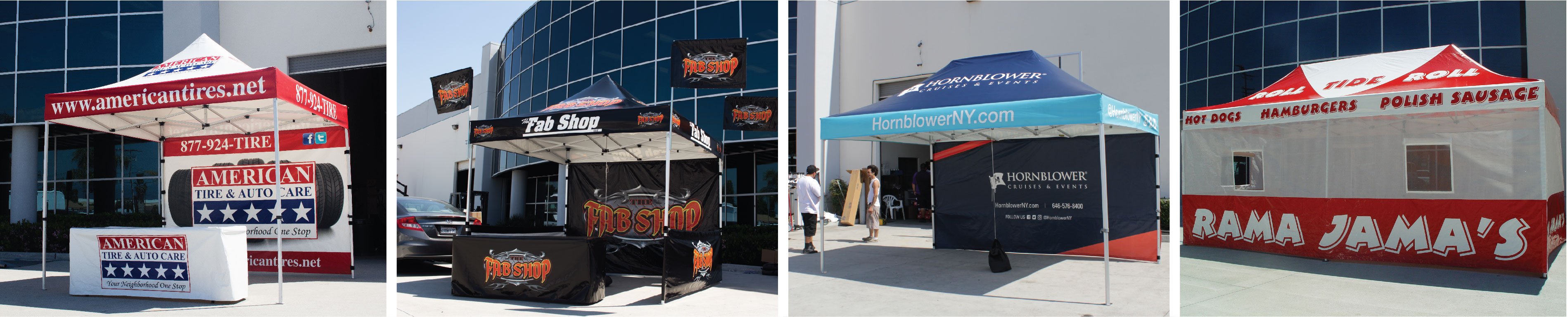 Custom Canopy Collage of multiple different tent sizes with graphics and accessories showcasing some options for pop up tents