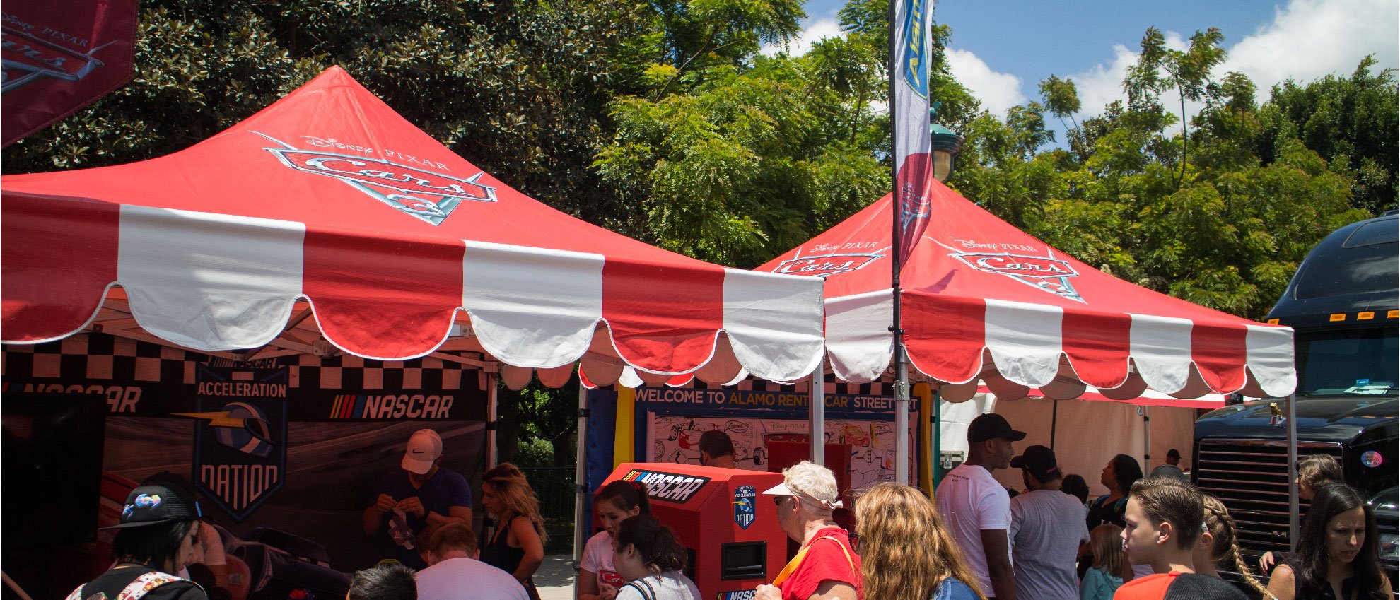 Custom canopies for Disney's Cars 3 installed at a tour where people get to interact and learn more about the upcoming movie 