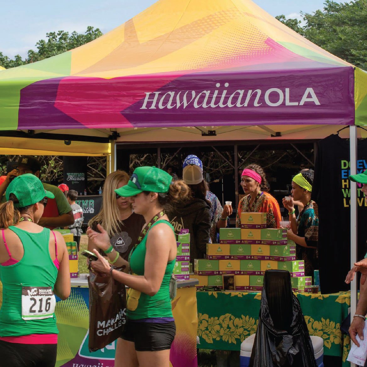 Hawaiian ola custom canopy with runners and yerba mate green tea energy drinks