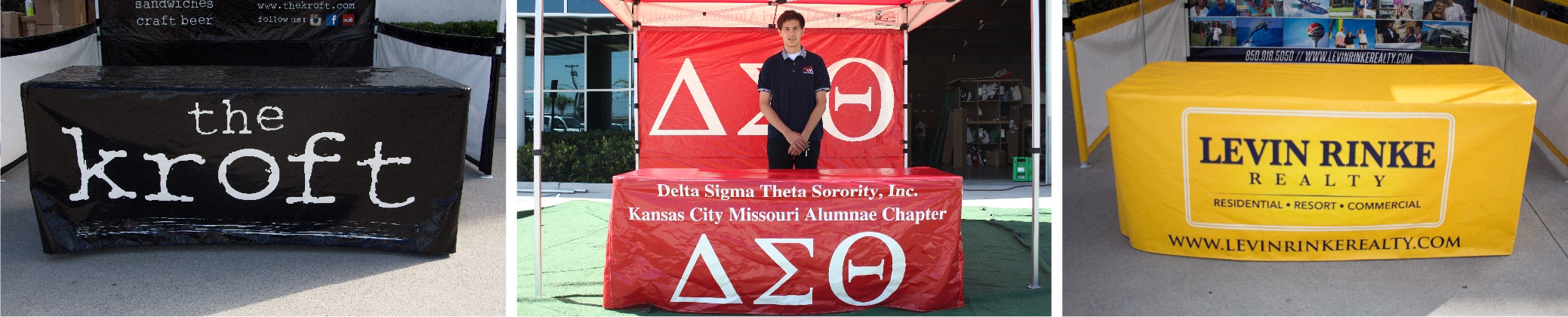 The Kroft, Delta Sigma Theta Sorority, and Levin Rinke custom printed table covers collage