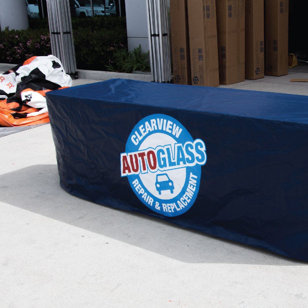Customized table throw for Clearview Auto Glass made out of vinyl