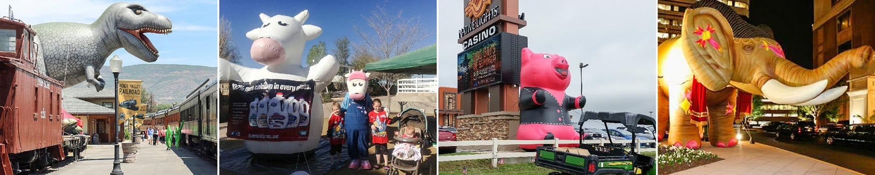 inflatable t-rex, inflatable cow, inflatable pig, and inflatable elephant collage