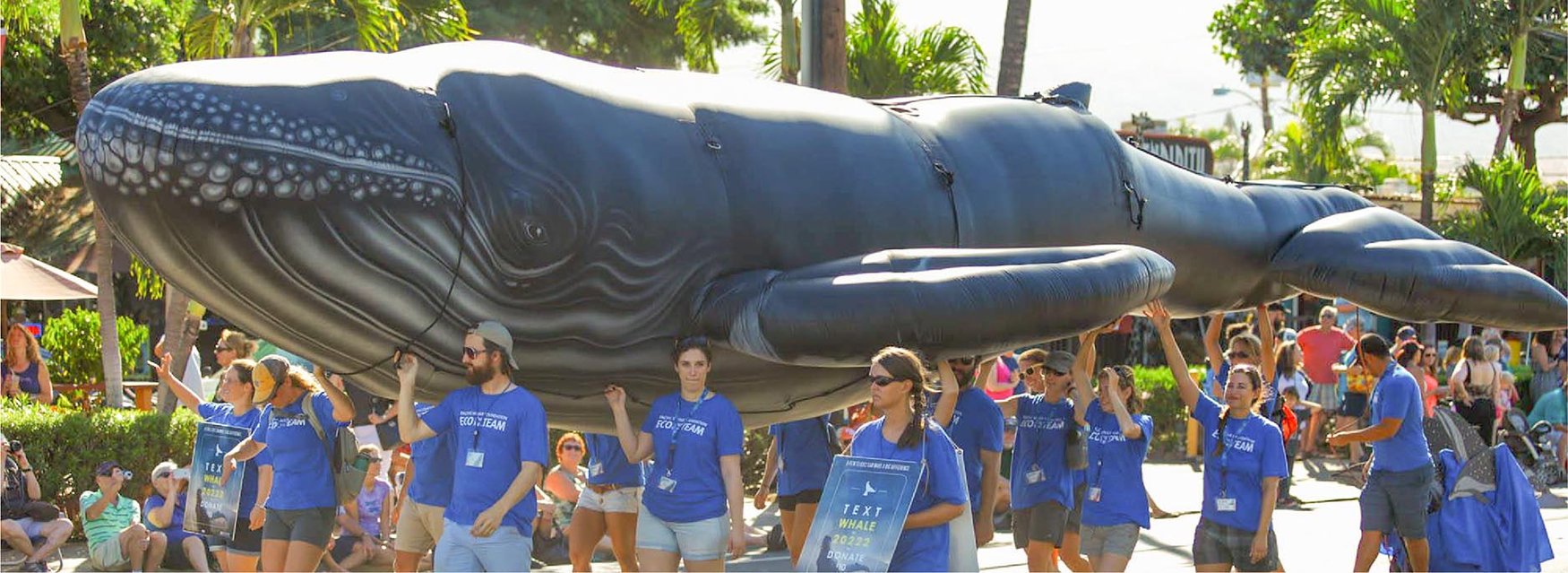 large inflatable whale in parade being carried by a group of demonstrators trying to protect whales