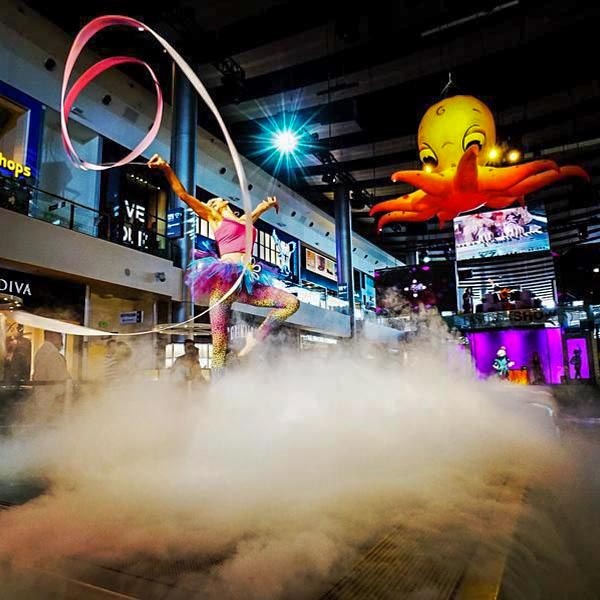 yellow and orange inflatable octopus at a fashion show installed as a decoration in Las Vegas