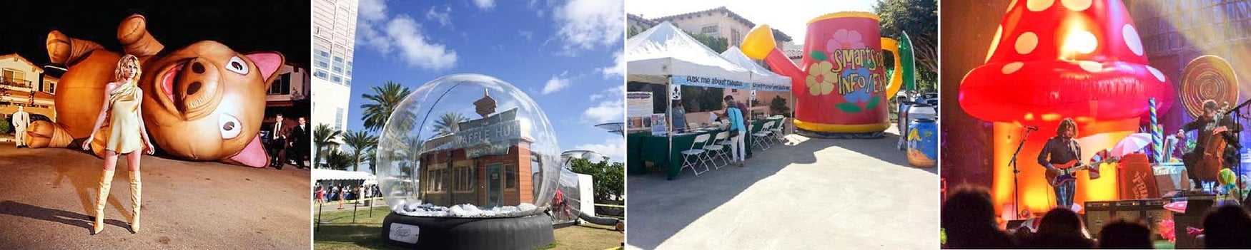 inflatable prop pig, snow globe, watering can, and mushroom inflatable collage