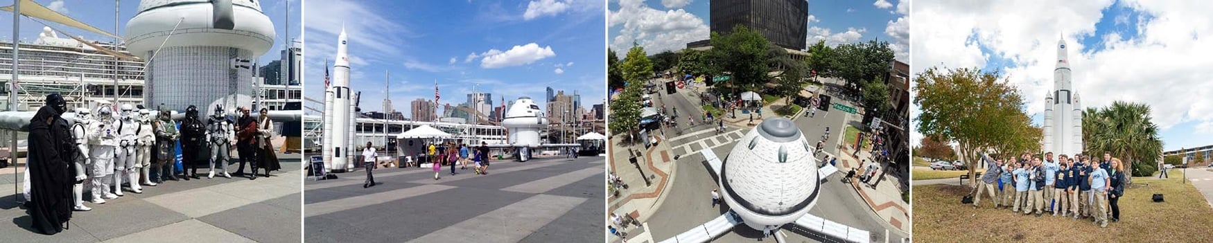 collage of NASA themed inflatable rockets and capsules