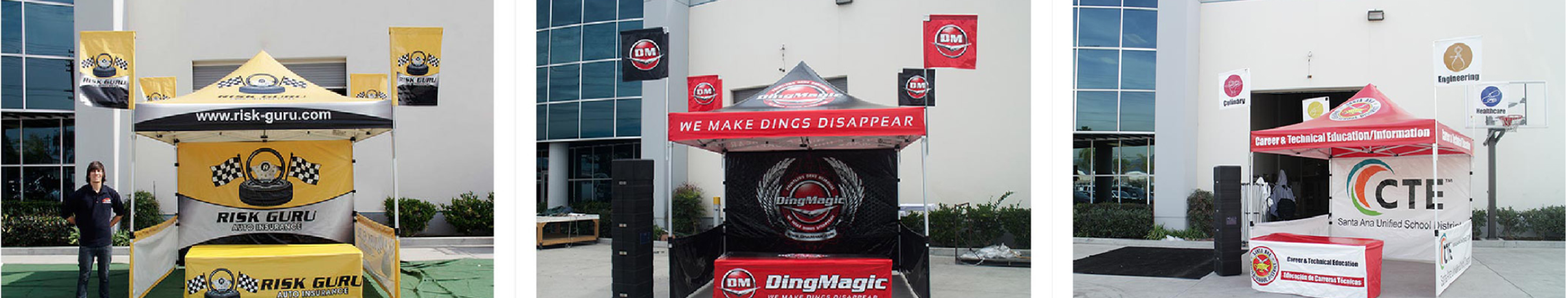 Collage of multiple canopies with tent flags on all four corners