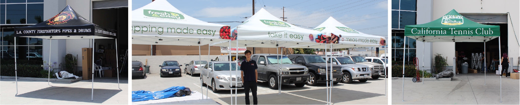 multiple bronze canopy packages with printed tent tops setup in the facility