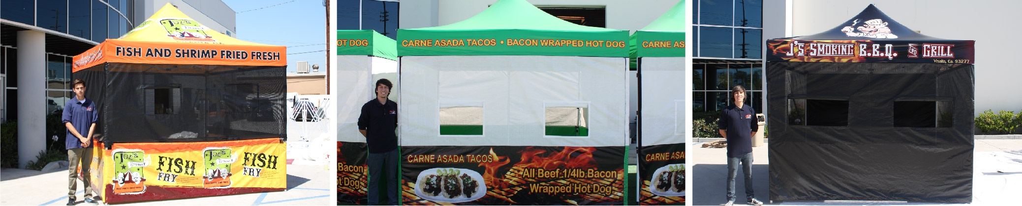 Various food booth canopies on the promotional design group parking lot