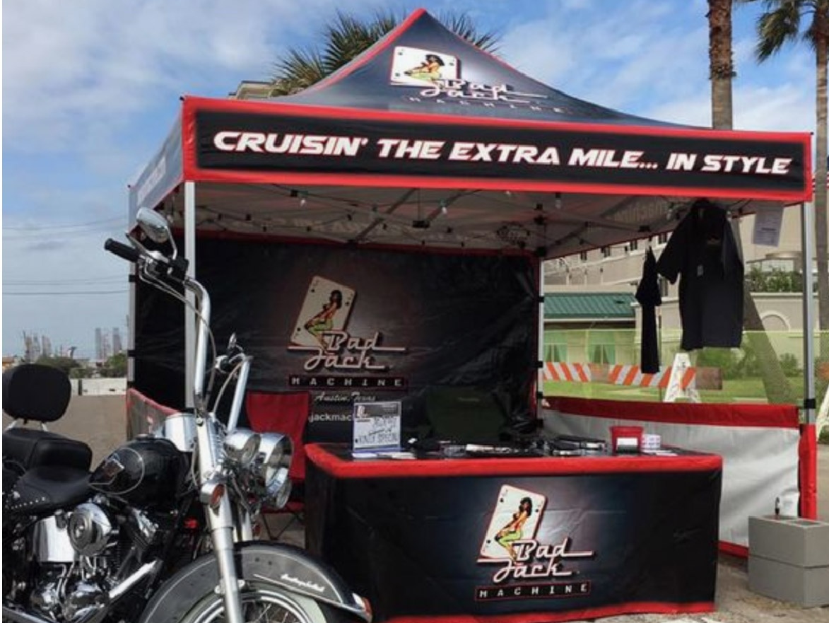 bad jack machine gold canopy packages with custom printed canopy tent tops, full back walls, and table covers