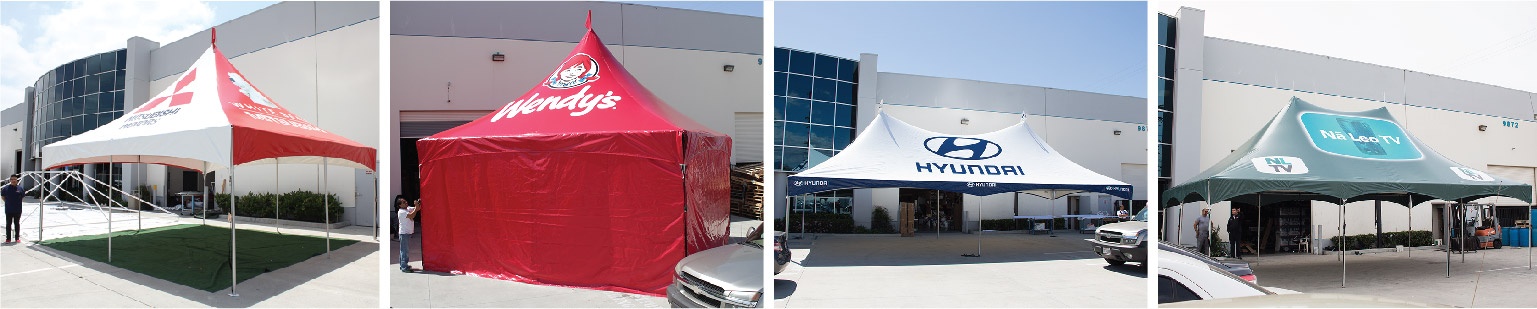 Mitsubishi, Wendy's, Hyundai Custom Printed High Peak Frame Tents in a collage of four images installed at promotional design group in South El Monte
