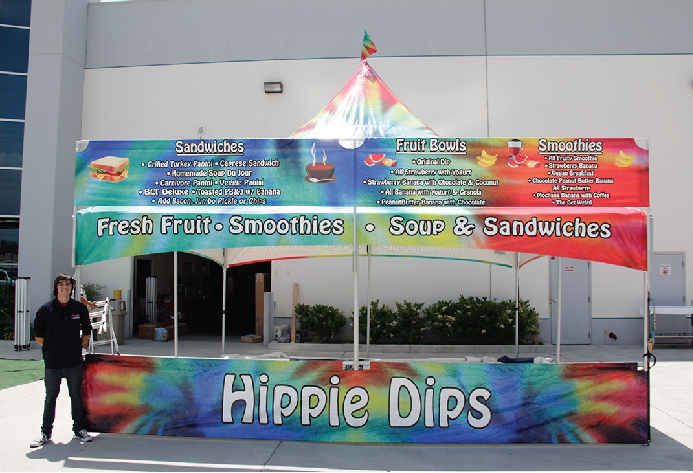 Hippie Dips 20x20 Custom Printed High Peak Frame Tent with a printed tent banner