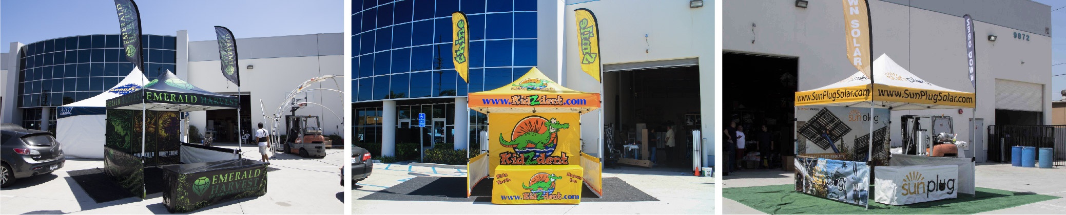 various adverting flag canopy packages with custom printing- all of them installed in front of the Promotional Design Group building in Los Angeles