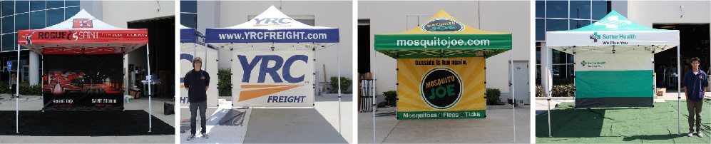 multiple silver canopy packages with printed canopy tent tops and full back walls