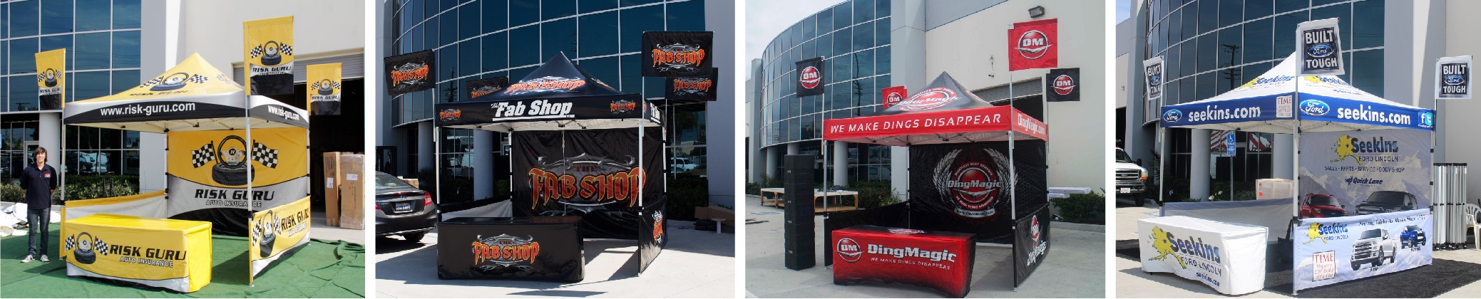 various canopy flag packages with custom printed canopy flags, tent tops, full back walls, rail skirt short walls, and table covers