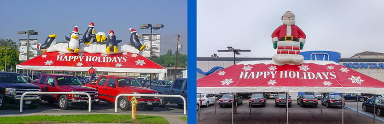 (left)Penguins sliding on top of a tent labeled "Happy Holidays, (right) Inflatable Santa Claus emerging from a chimeney on top of holiday tent
