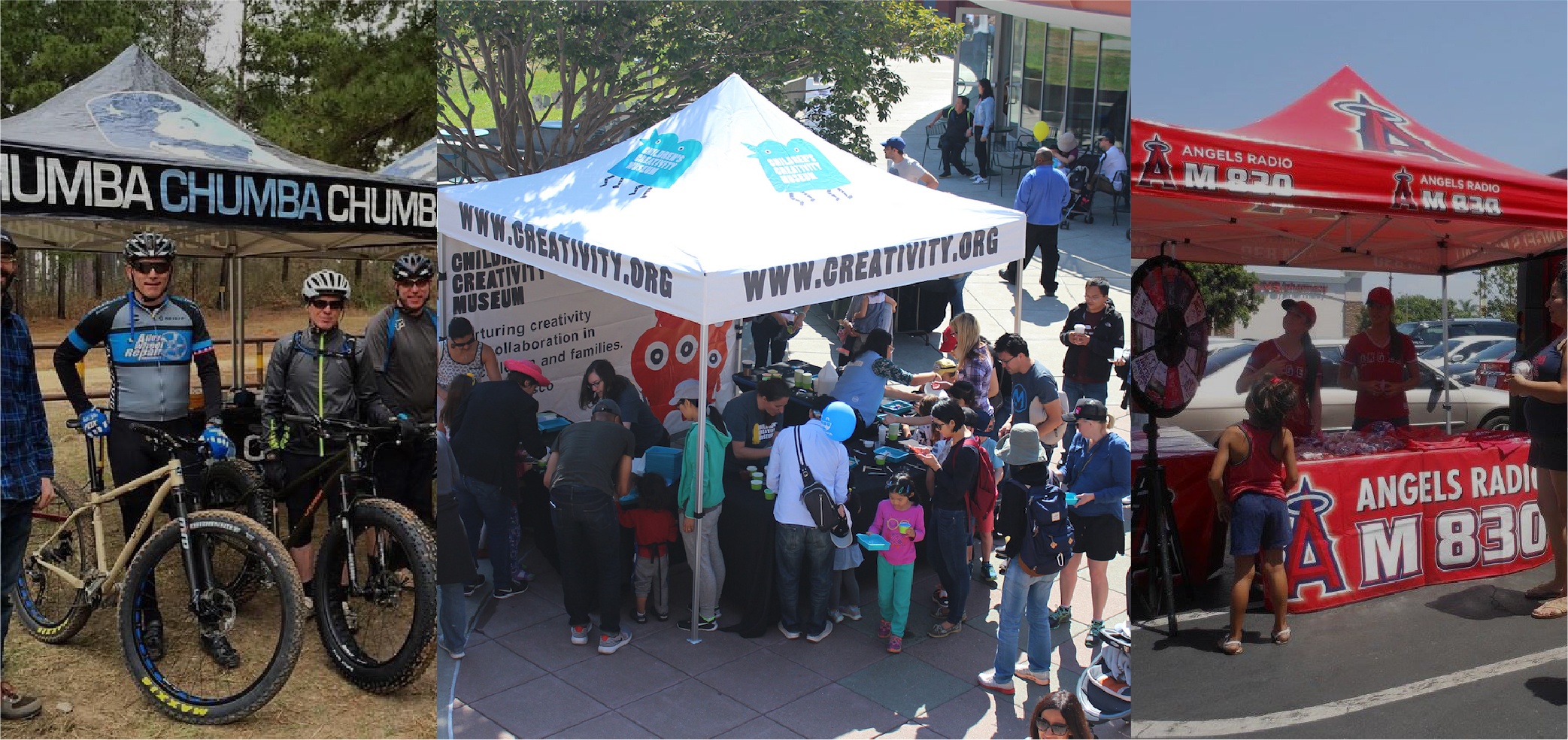 Collage of logo pop up tent packages for Anaheim angels and mountain bike riders