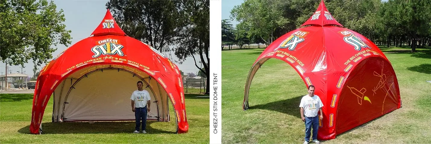 Cheez It branded inflatable dome tent shown from front and side for outdoor event marketing Cheez It branded inflatable dome tent shown from front and side for outdoor event marketing