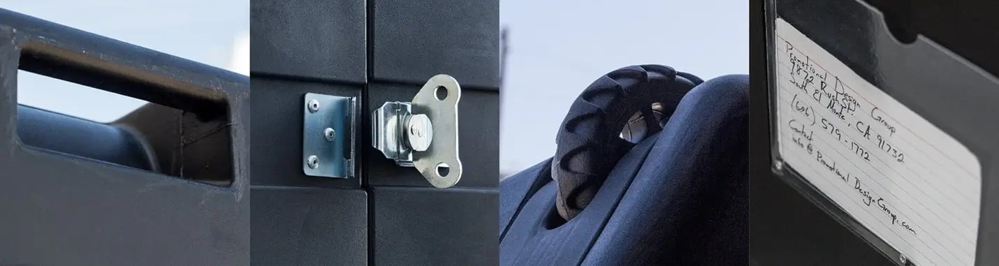 Close up details of a canopy tent roller bag showing handle, latch hardware, wheel, and clear ID pocket