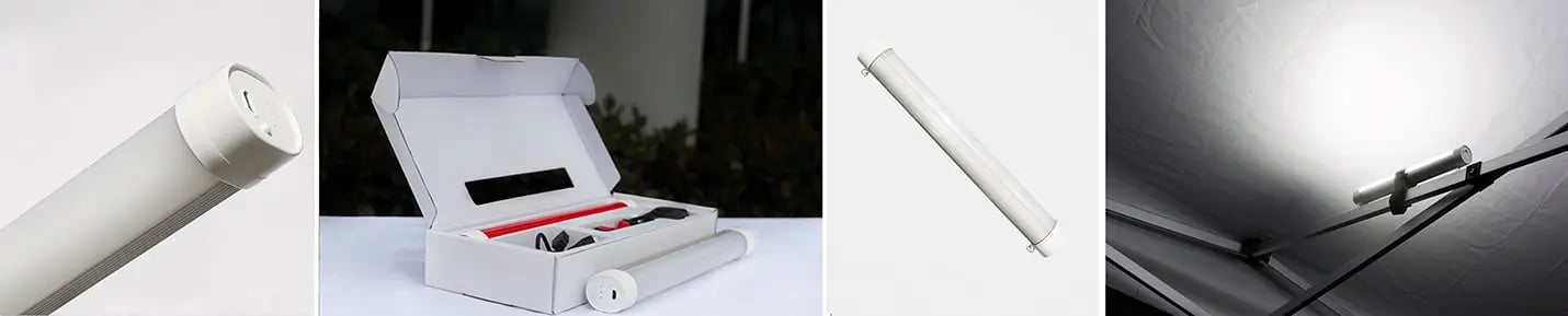 LED canopy tent lights shown in box, close-up, and installed under a pop up canopy frame