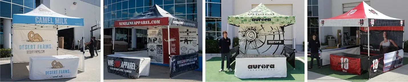 Collage of gold package canopies showing full dye sublimation printing, short side walls, and matching table covers