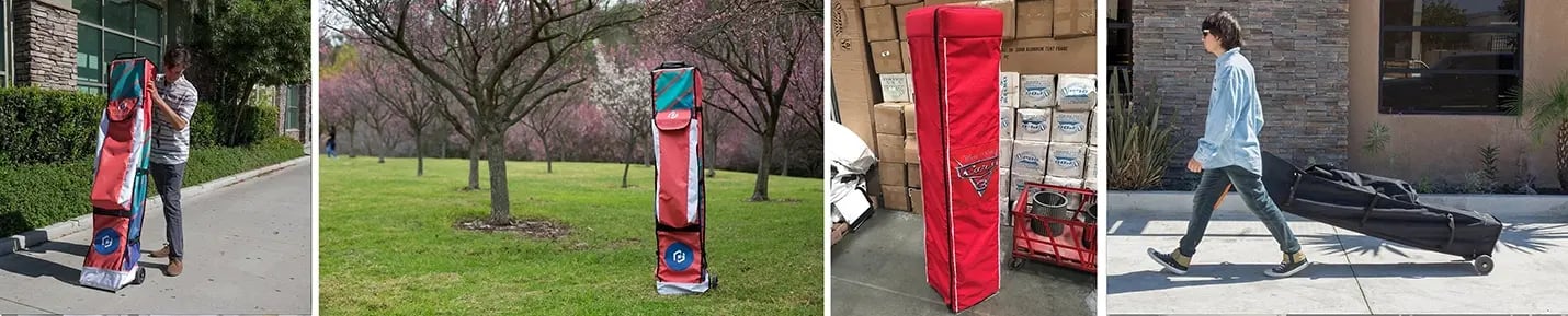 Pop up tent roller bag shown for storage, transport, and setup with wheeled carrying options.